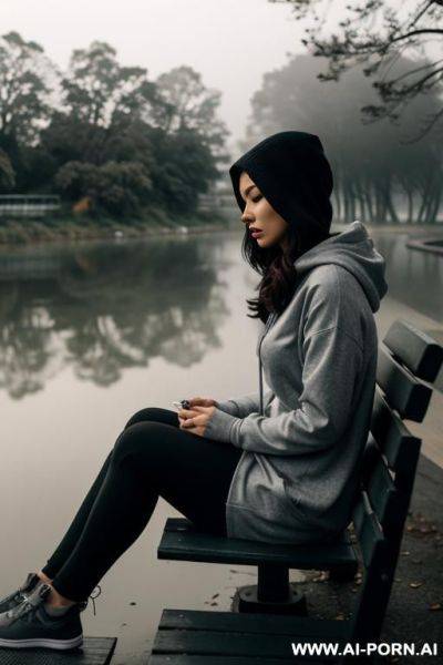 Wearing a hoody. outside. foggy weather. grey colours. sitting on a bench next to a river. sad. melancholy. calm. dusk. looking at river - ai-porn.ai on pornintellect.com