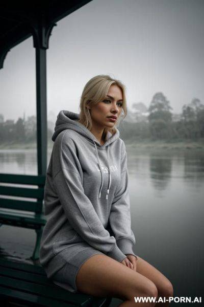 Wearing a hoody. outside. foggy weather. grey colours. sitting on a bench next to a river. sad. melancholy. calm. dusk. blonde - ai-porn.ai on pornintellect.com