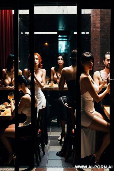 Orgy inside a restaurant. perspective from outside looking in through a window. styled like the painting nighthawks - ai-porn.ai on pornintellect.com