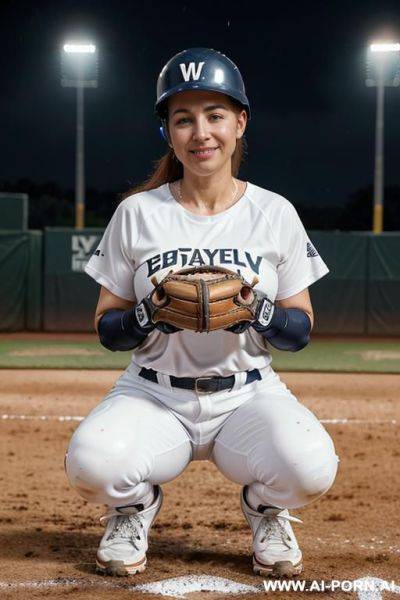 Mom, spanish , wearing baseball catcher helmet, wearing baseball catcher glove, squatting, m weather at night, looking ahead, on rainy baseball field, wet skin, tight wet white t-shirt, shorts fitted whites - ai-porn.ai - Spain on pornintellect.com