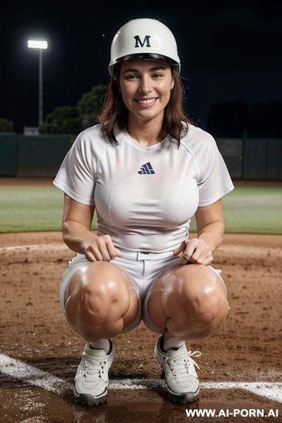 Spanish milf, wearing baseball catcher helmet, wearing baseball catcher glove, squatting, m weather at night, looking ahead, on rainy baseball field, wet skin, tight wet white t-shirt, shorts fitted whites - ai-porn.ai - Spain on pornintellect.com