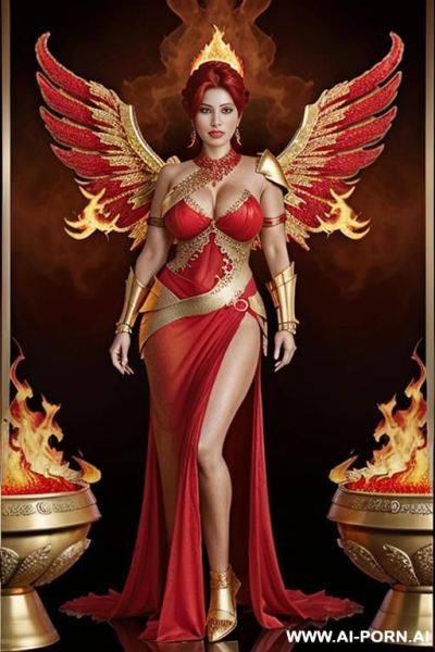 Goddess of fire, red hair, (((firey wings))), strapless red dress, massive boobs, ruby necklace, ruby earrings, (((gold shoulder armor))), gold bracelets, (((fire temple))), mother - ai-porn.ai on pornintellect.com