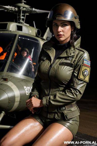 Mom, spanish, boobs, military outfit ,rainig, military hayr cut wet brown ,wet skin, nasty make up , muscle fit , defiant looking , tight shorts, military pilot helmet on hands, open jaquet , - ai-porn.ai - Spain on pornintellect.com