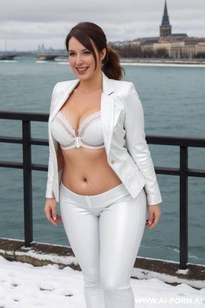 Beautiful woman, french, medium hight, mid 20s, short wavy ponytail, natural boobs, natural big ass, old southern french city and sea in background, blue leather blazer, white leather pants, white leather lingerie, winter, snow on ground - ai-porn.ai - France on pornintellect.com