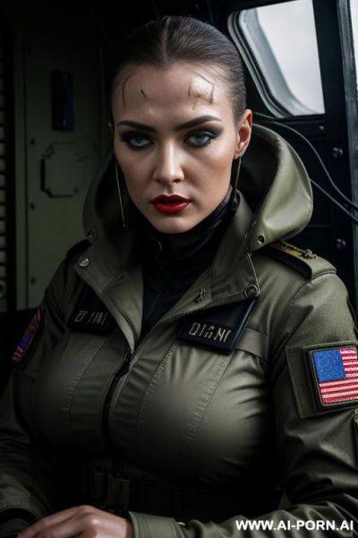 Russian ,beauty face, boobs, rainig, military haircut ,wet skin, nasty make up , muscle fit , defiant looking , opening jaquet military ,roof , weather at night ,sitting on cabin helicopter - ai-porn.ai - Russia on pornintellect.com