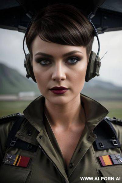 German ,beauty face, boobs, rainig, military haircut , nasty make up , muscle fit , defiant looking , opening jaquet military ,roof , weather at night , staying on cabin helicopter - ai-porn.ai - Germany on pornintellect.com