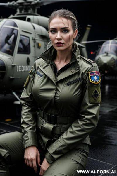 Mom, russian ,beauty face boobs, tight military outfit , rainig, wet military haircut ,wet skin, nasty make up , muscle fit , defiant looking , opening jaquet ,roof , weather at night ,sitting on cabin helicopter - ai-porn.ai - Russia on pornintellect.com