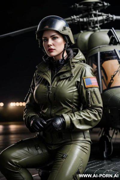 Mom, russian ,beauty face boobs, military outfit , rainig, wet military haircut ,wet skin, nasty make up , muscle fit , defiant looking , military pilot helmet on hands, jaquet opening ,roof , weather at night ,sitting on cabin helicopter - ai-porn.ai - Russia on pornintellect.com