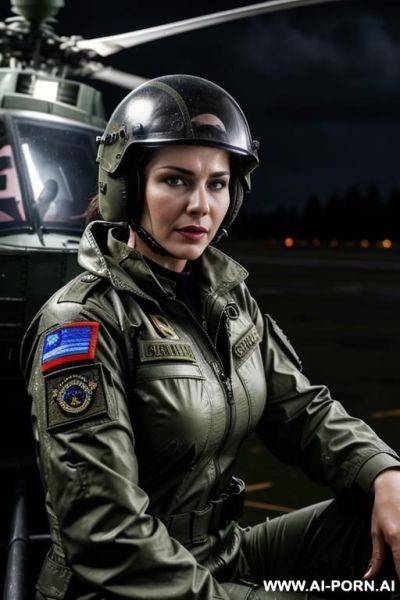 Mom, russian , boobs, military outfit , rainig, wet military haircut ,wet skin, nasty make up , muscle fit , defiant looking , military pilot helmet, jaquet opening ,roof , weather at night ,sitting on cabin helicopter - ai-porn.ai - Russia on pornintellect.com