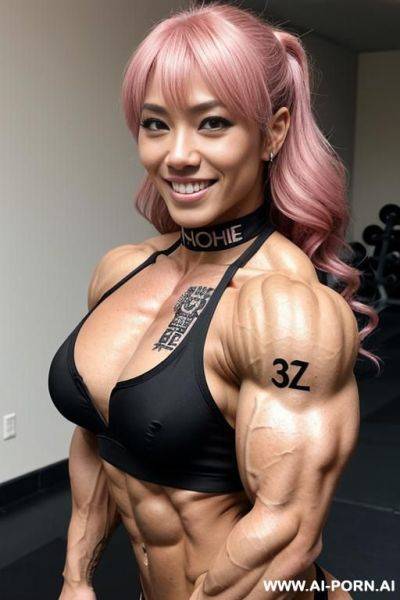 ((female bodybuilder)), hyper muscular, bangs, black hair, tattoos, piercings, choker, ((extremely muscular)), japanese woman - ai-porn.ai - Japan on pornintellect.com