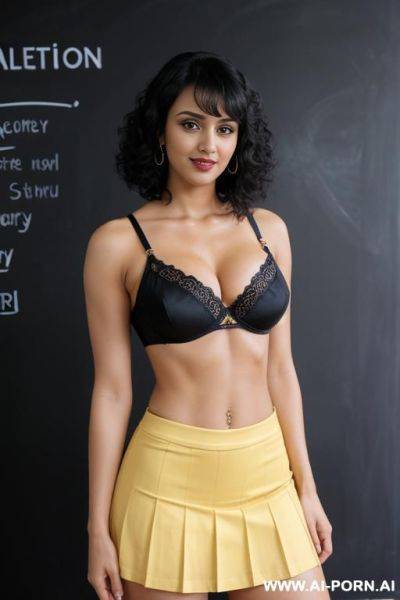 Indians, short curly hair, bangs, fit, abs, big ass, arms up, navel piercing, yellow bra, purple pleat skirt, tall, looking at camera, full body, stiletto, 3 women next to each other - ai-porn.ai - India on pornintellect.com