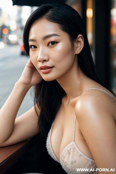 Photo of an asian woman, ((detailed face)), highlight hair, sitting outside restaurant, wearing dress, rim lighting, studio lighting, looking at the camera, dslr, ultra quality, sharp focus, tack - ai-porn.ai on pornintellect.com