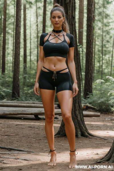 Professional grade masterpiece, beautiful defined female, barefoot, (no bra), tight t-shirt), spandex shorts bondage, tied, metal restraints, chains, fetters, metal collar, standing, spread wide, legs spread, evening, forest, american - ai-porn.ai - Usa on pornintellect.com