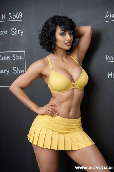 Indians, short curly hair, bangs, fit, abs, big ass, arms up, navel piercing, yellow bra, purple pleat skirt, tall, looking at camera, full body, stiletto, 3 women next to each other kissing - ai-porn.ai - India on pornintellect.com