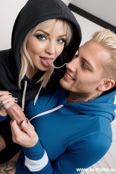 Blowjob, 1 woman sucking a man, big cock, pov blowjob, pov handjob, tattoed woman, blonde, bangs, huge boobs, blue eyes, scandinavian, wearing hoodie and leggings, smiling. - ai-porn.ai on pornintellect.com