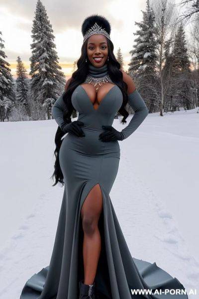 Winter, snow, mountain, (fir forest), (gray wool hat), (gray wool scarf), gloves, winter shoes, (naked woman) (huge breasts), (huge areolas), (black long hair), (blue eyes), african, (african skin) - ai-porn.ai on pornintellect.com