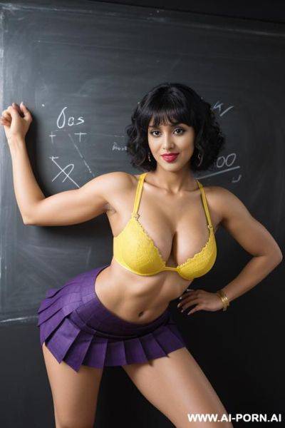 Indians, short curly hair, bangs, fit, abs, big ass, arms up, navel piercing, yellow bra, purple pleat skirt, tall, looking at camera, view from below full body, stiletto, 3 women next to each other - ai-porn.ai - India on pornintellect.com