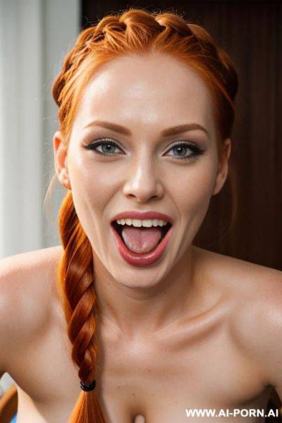 Ultrarealistic, braided ginger tails, blowjob, happy, open mouth, cum dripping from tounge, cum on face - ai-porn.ai on pornintellect.com