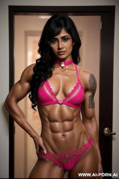 ((female bodybuilder)), hyper muscular, bangs, black hair, tattoos, piercings, choker, ((extremely muscular)), indian woman, glasses, beautiful face, celebrity, naked, hands on hips - ai-porn.ai - India on pornintellect.com