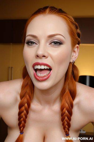 Ultrarealistic, braided ginger tails, blowjob, happy, open mouth, cum dripping from tounge, cum on face, skin, s - ai-porn.ai on pornintellect.com