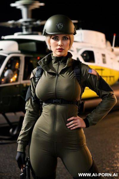 German ,beauty face, boobs, rainig, military haircut , nasty make up , muscle fit , defiant looking , cap back, opening tight yoga pants military, military helmet, neckline camon ,opening jaquet - ai-porn.ai - Germany on pornintellect.com