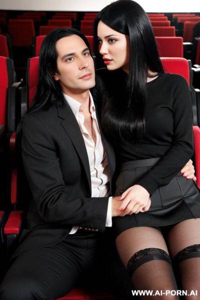 Woman with long black hair in stockings and skirt sitting in the cinema next to a man in trousers. the man has his hand on her thigh and she is embarrassed - ai-porn.ai on pornintellect.com