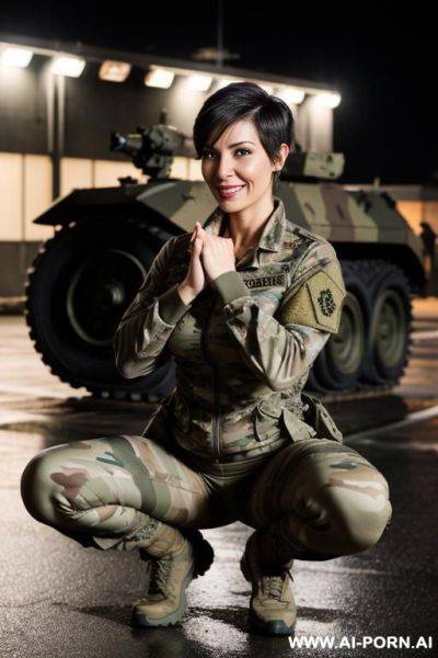 Mom, spanish beauty face, boobs, rainig, nasty make up , muscle fit , defiant looking , yoga pants military, neckline camon opening jaquet military ,roof , weather at night , perfect ass, - ai-porn.ai - Spain on pornintellect.com