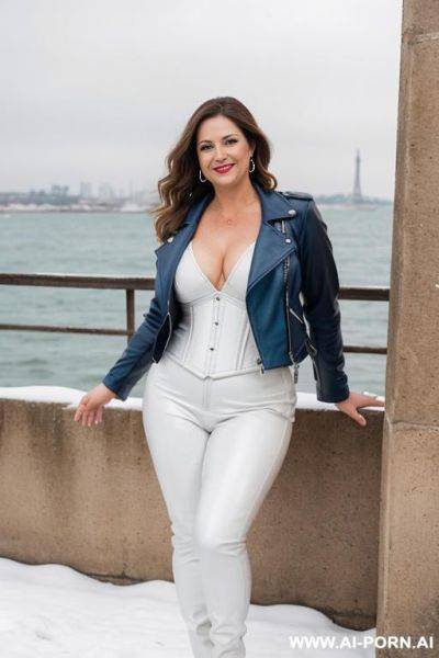 Beautiful woman, french, medium hight, mid 20s, short wavy ponytail, natural boobs, natural big ass, old southern french city and sea in background, blue leather jacket, white leather pants, white - ai-porn.ai - France on pornintellect.com