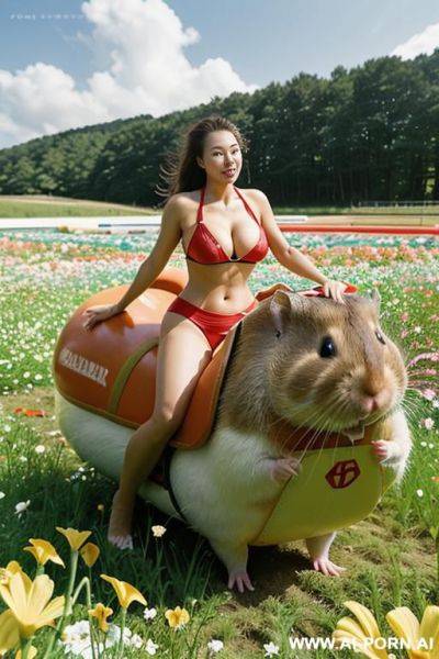 ((riding on a large hamster in a field of flowers)) - ai-porn.ai on pornintellect.com