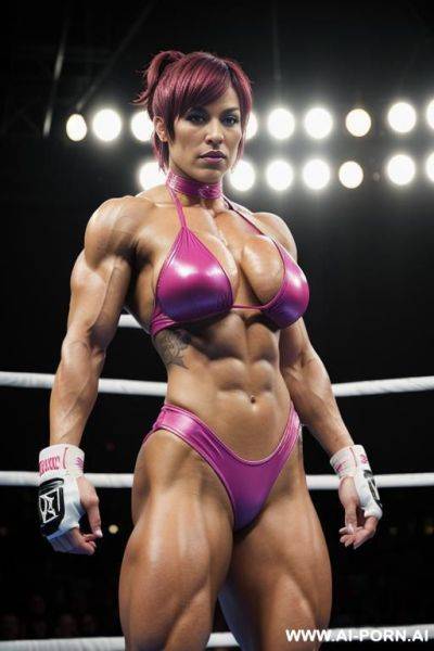 ((female bodybuilder)), muscular, boxing ring, pov, bangs, short hair, bottom view, tattoos, piercings, choker, ((extremely muscular)), fighting stance - ai-porn.ai on pornintellect.com