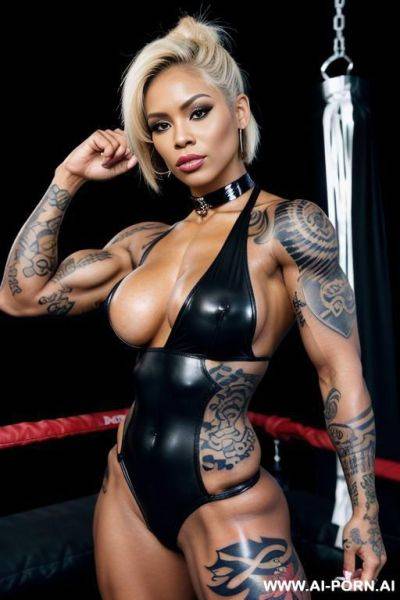 ((black female bodybuilder)), muscular, boxing ring, pov, bangs, short hair, bottom view, tattoos, piercings, choker, ((extremely muscular)), fighting stance - ai-porn.ai on pornintellect.com