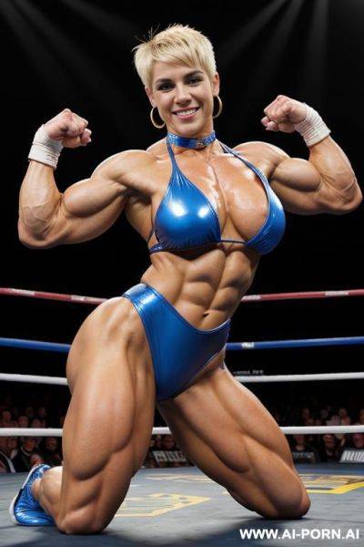((female bodybuilder)), muscular, boxing ring, pov, bangs, short hair, bottom view, tattoos, piercings, choker, blonde hair ((extremely muscular)), fighting stance - ai-porn.ai on pornintellect.com