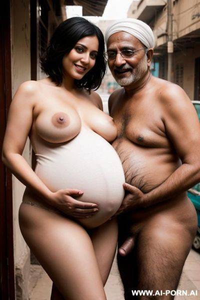 Smiling curvy busty egyptian wife with messy short hair fully naked hugged from ugly old indian homeless man - ai-porn.ai - India - Egypt on pornintellect.com