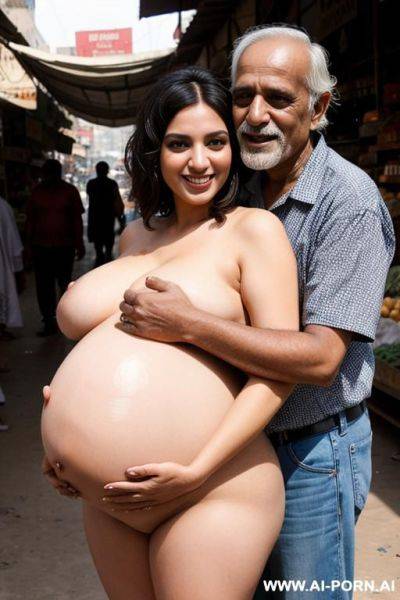 Smiling curvy busty egyptian wife with messy short hair fully naked hugged from old indian homeless man in market - ai-porn.ai - India - Egypt on pornintellect.com