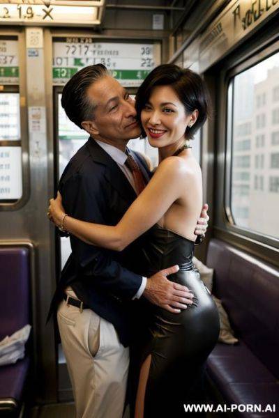 Smiling wife with messy short hair fully naked hugged from old homeless man in train - ai-porn.ai on pornintellect.com