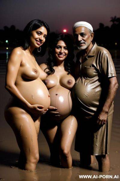 Smiling curvy busty egyptian wife with messy short hair fully naked hugged from two old indian homeless men in mud lake at night - ai-porn.ai - India - Egypt on pornintellect.com