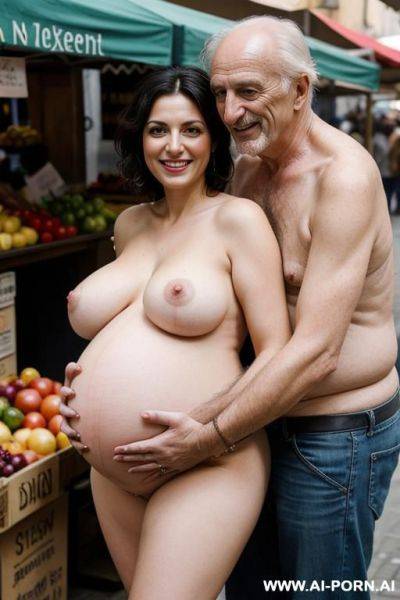 Smiling curvy busty italian wife with messy short hair fully naked hugged from old german homeless man in market - ai-porn.ai - Germany - Italy on pornintellect.com