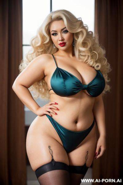 Asian platinum blonde pinup model with thick full sexy classic curly big hair, giant classic fluffy blonde curls, massive curly hair, thick full wide long blonde curls, pin-up woman photoshoot, sexy chubby face, eye contact - ai-porn.ai on pornintellect.com