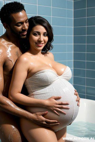 Smiling curvy busty egyptian wife with messy short hair fully naked hugged from ugly old black homeless man in soap foam bath - ai-porn.ai - Egypt on pornintellect.com