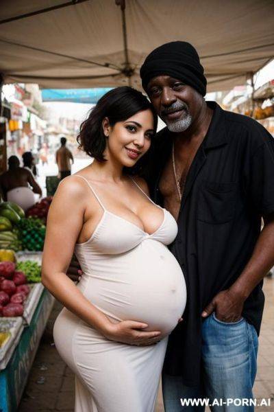 Smiling curvy busty egyptian wife with messy short hair fully naked hugged from ugly old black homeless man in local market - ai-porn.ai - Egypt on pornintellect.com