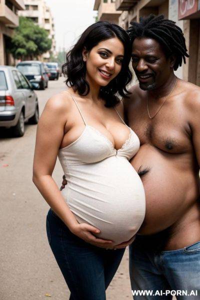 Smiling curvy busty egyptian wife with messy short hair fully naked hugged from ugly old black homeless man in mosqui - ai-porn.ai - Egypt on pornintellect.com