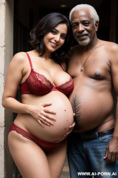 Smiling curvy busty egyptian wife with messy short hair wearing red lingerie hugged from old black homeless man - ai-porn.ai - Egypt on pornintellect.com