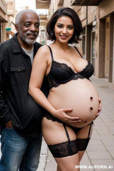 Smiling curvy busty egyptian wife with messy short hair wearing lingerie hugged from old black homeless man - ai-porn.ai - Egypt on pornintellect.com