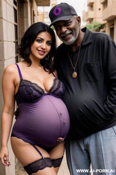 Smiling curvy busty egyptian wife with messy short hair wearing purple lingerie hugged from old black homeless man - ai-porn.ai - Egypt on pornintellect.com