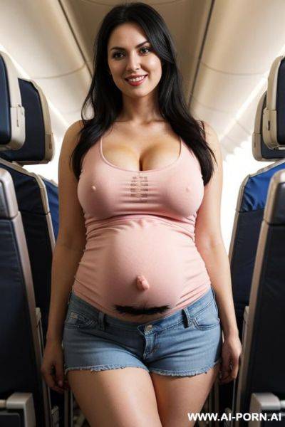 Pregnant pink ripped t-shirt. nipples falling out. cutoff jeans shorts. large floppy boobs. black hair. make up. on the plane - ai-porn.ai on pornintellect.com