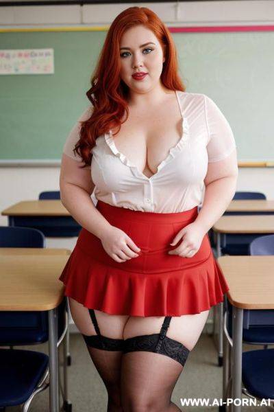 Full body photo shot, about at classroom, so chubby and so fat bbw curvy teacher, wearing a sexy and hot micro red ruffle microskirt and elegant micro garter belt top, speaking to the classroom. - ai-porn.ai on pornintellect.com