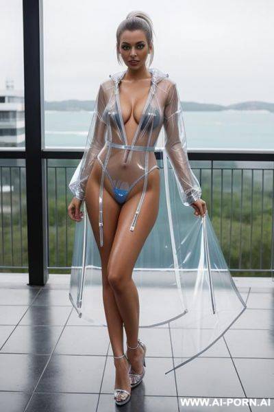 Young woman, transparent raincoat, silver shiny swimsuit, blue twin ponytails, transparent stripper high heels big boobs - ai-porn.ai on pornintellect.com