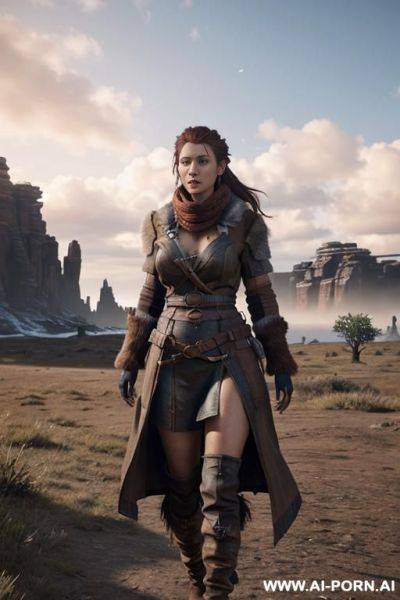 Aloy, horizon zero daw, realistic photo game ,same face as character the game, big breasts, hard niplees, s in the face, nude only long open coat, full body view, very hairy pussy, realistic - ai-porn.ai on pornintellect.com