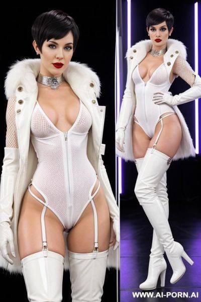 Pixie cut brunette, white latex harness, white fishnet bodysuit, white fur coat, white gloves, white latex thigh high boots, pierced nipples, red lipstick, rave party, naked - ai-porn.ai on pornintellect.com