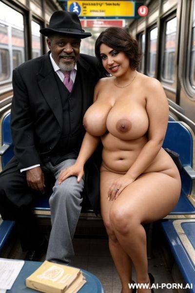 Smiling curvy busty egyptian brunette wife with messy short hair topless sitting on the lap of old homeless black man in train station - ai-porn.ai - Egypt on pornintellect.com